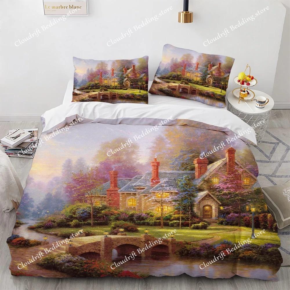 Oil Painting King Queen Duvet Cover Vintage Building Landscape Bedding Set for Adults Retro Art microfiber Quilt Cover
