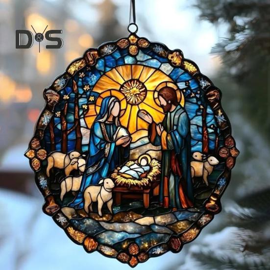 Ozdoba na szopkę bożonarodzeniową, ręcznie robiony okrągły łapacz słońca, pierwsze Boże Narodzenie dziecka, chrześcijański prezent religijny na choinkę, dekoracja okna