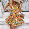 2026 new European and American printed V-neck ruffle edge short-sleeved vacation dress
