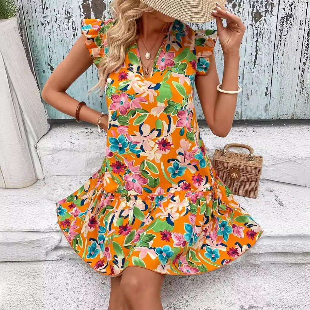 2026 new European and American printed V-neck ruffle edge short-sleeved vacation dress