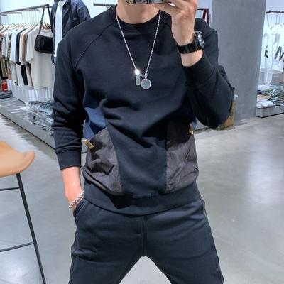 Plush Fashion Brand Patchwork Pocket Men's Hoodie Long Sleeved Round Neck Korean Version Top Trendy