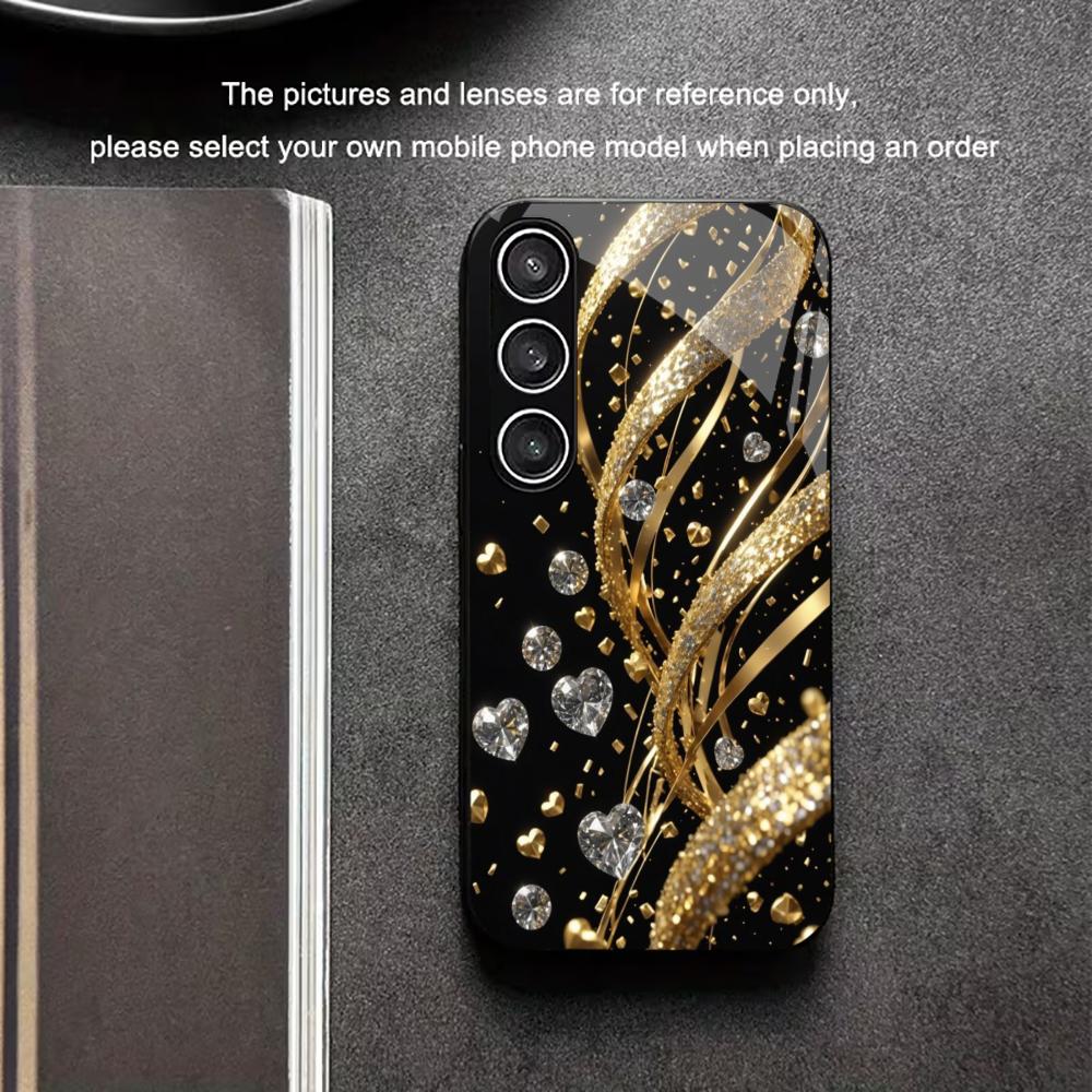 Metallische Farbe Glas Handyhülle für Samsung Galaxy S26 S25 S24 S23 S22 S21 Ultra Plus FE 5G Gold Diamant Herz 2D UV-Druck