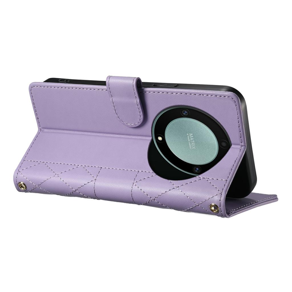 Wallet Case for Honor Magic8 Lite 5G/X70 5G/X9d 5G Rhombus Stitching Stand Leather Phone Cover with Long/Short Strap