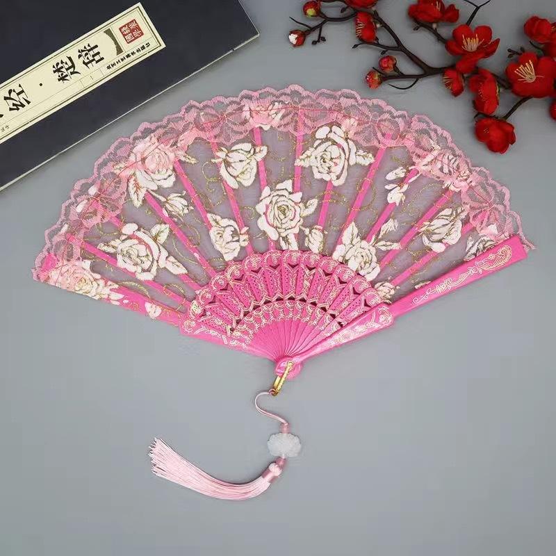 1Pc Chinese Ancient Style Flower Women Folding Fan with Tassel Fringe Hanfu Cheongsam Dance Fan Photo Props Summer Handheld Fan