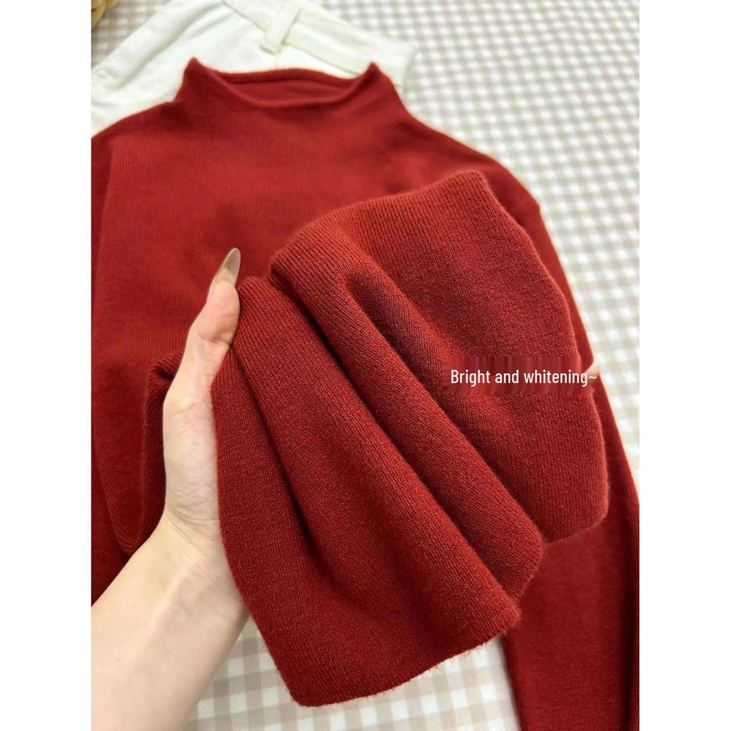 Women's New Year Limited Edition Angora Red Knit Sweater - Half-High Neck, Long Sleeve Base Layer Top for Autumn/Winter