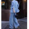  Fashion Set Summer Spring New Design Blue Linen Blazer Wide Leg Pants Three Piece Suit