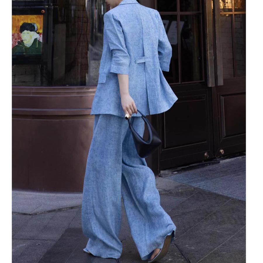  Fashion Set Summer Spring New Design Blue Linen Blazer Wide Leg Pants Three Piece Suit
