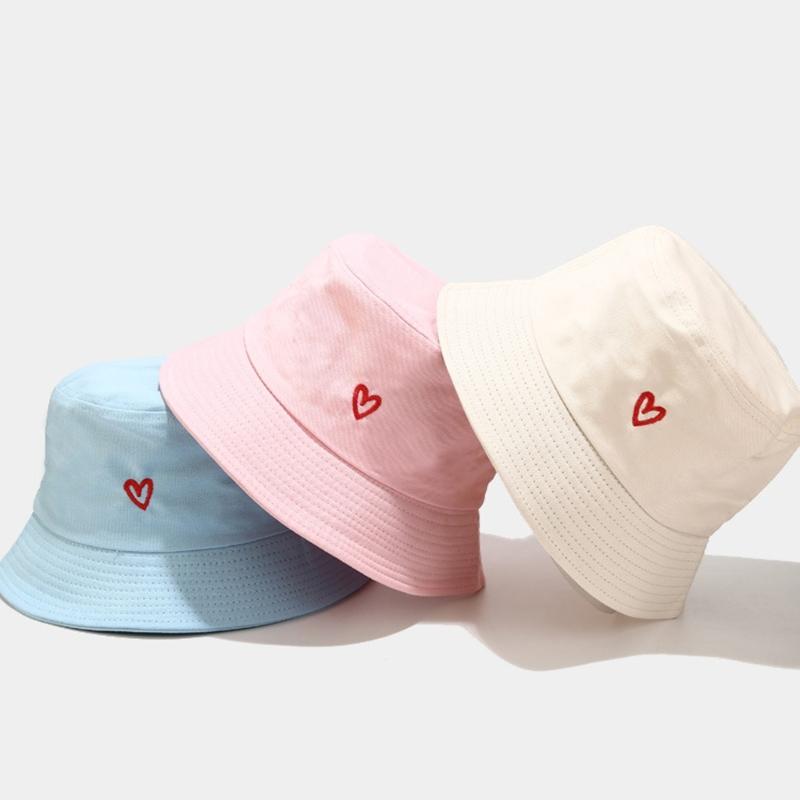 Embroidered Cotton Fisherman Hats for Women Girls Stylish Heart Design Beach Sun Protection Adjustable Fit