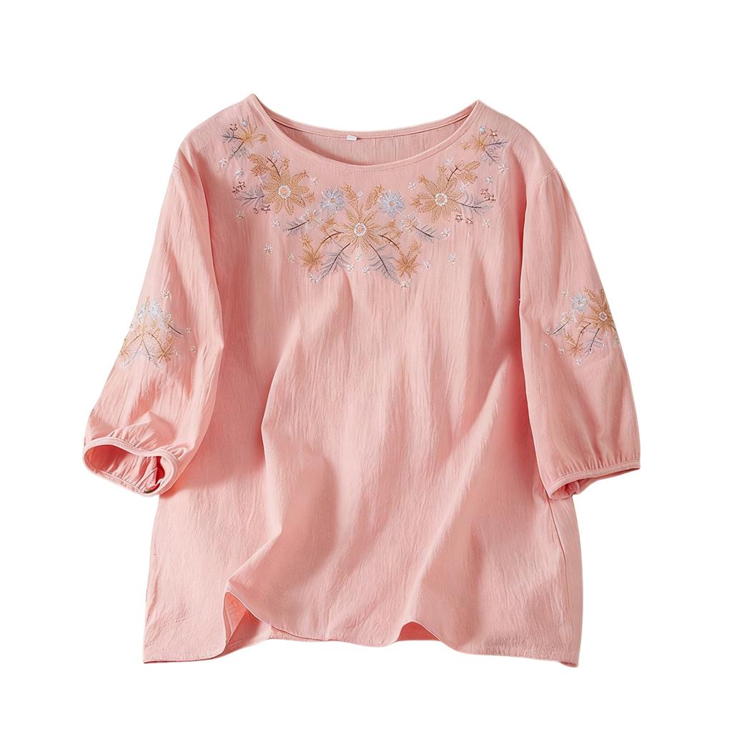 Damen lockeres, figurschmeichelndes Baumwoll-Leinen Rundhals-Dreiviertelarm Hemd Top