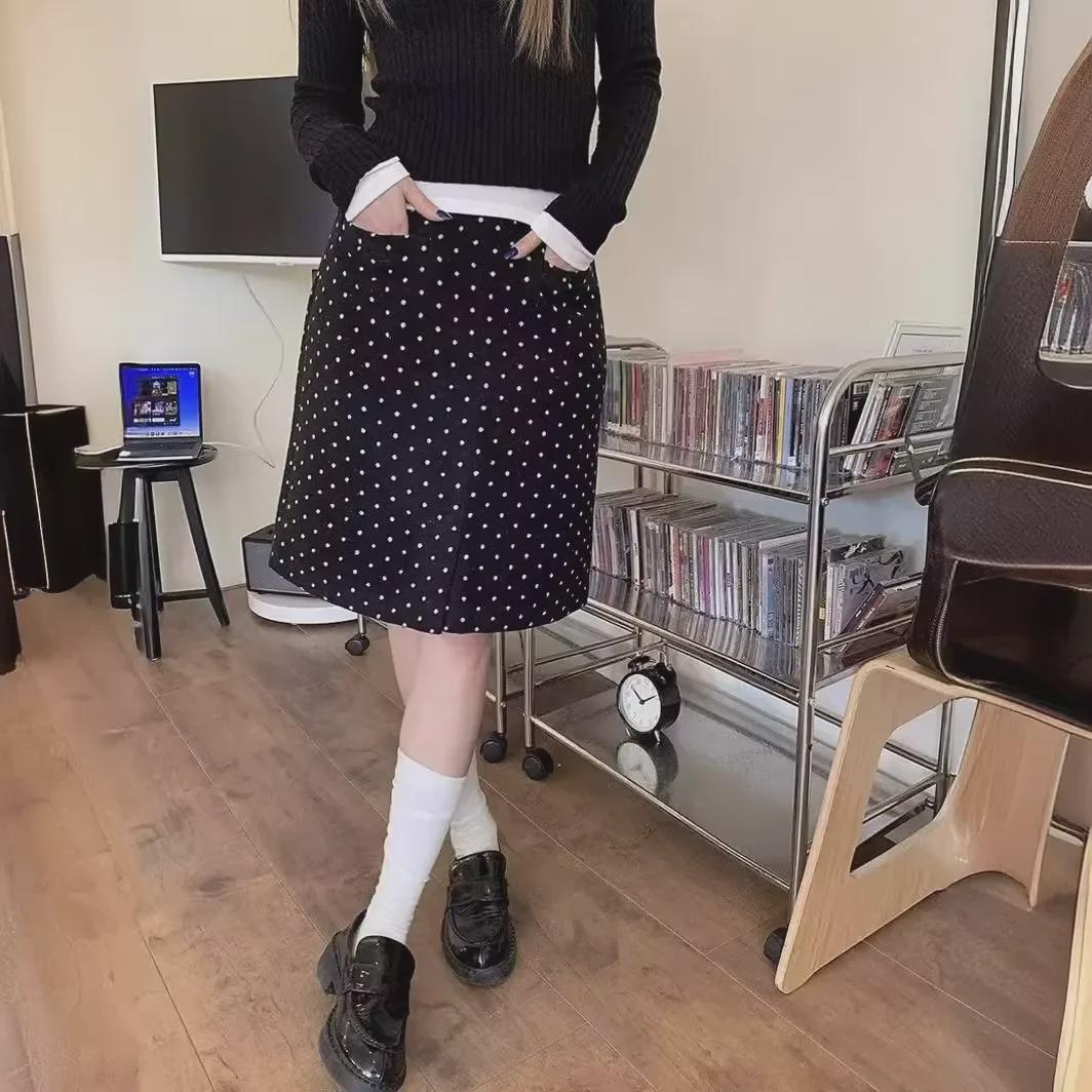 

Женская юбка А-силуэта с разрезом в ретро-горошек - узкая, с высокой талией, летний дизайн (Маленький размер) Large чёрный