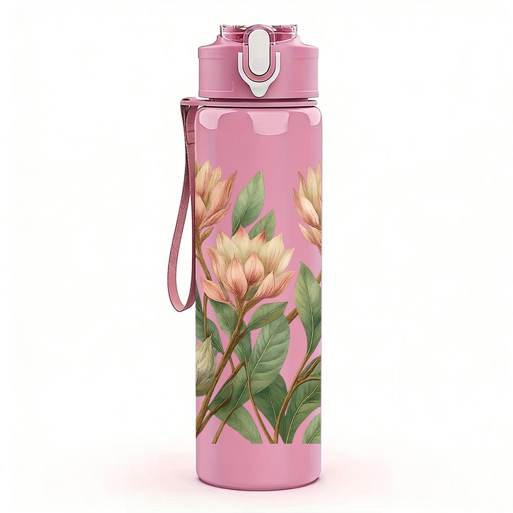1PC Pink Protea Flower Bouquet 750ml Color Plastic Sports Water Bottle Leakproof Flip Straw Lid For Sports Office Home Use