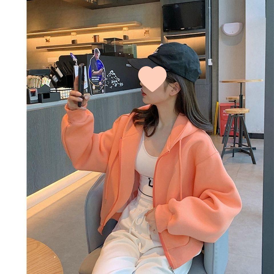 Petite Women's Gray Zip-Up Hoodie - Loose Fit, Thick Fleece Lining, Autumn/Winter 2025