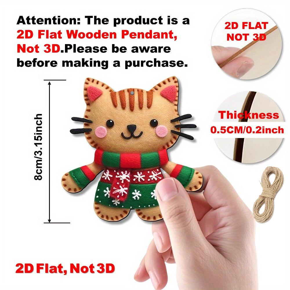 8pcs 2D Flat Gingerbread Cat Tree Toppers -Christmas Ornaments with Hanging Loop Artificial Wood Holiday Decoratio for Xmas Tree