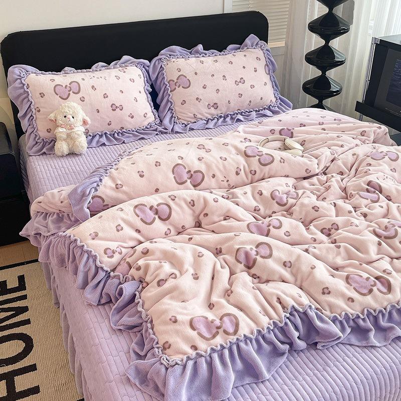 Premium Leopard Print Thickened Milk Fleece Rabbit Plush Lace Bed Cover Four-Piece Warm Double-Sided Fleece Bed Hat