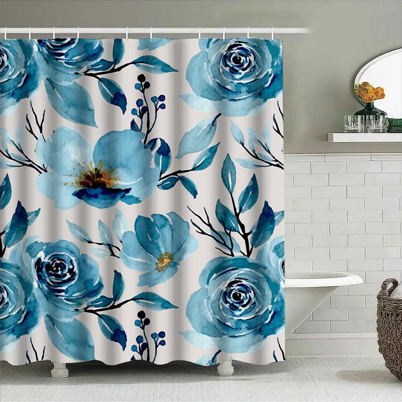 Beautiful Blue Floral Shower Curtain With Fresh Watercolor Design Perfect Bathroom Decoration