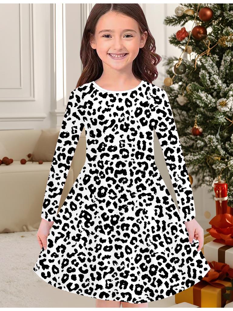 Girls' Autumn and Winter Fashion Dress, 3D Vintage Pattern Print  Round Neck Long Children's T-shirt Dress, Casual Versatile, Christmas Clothing