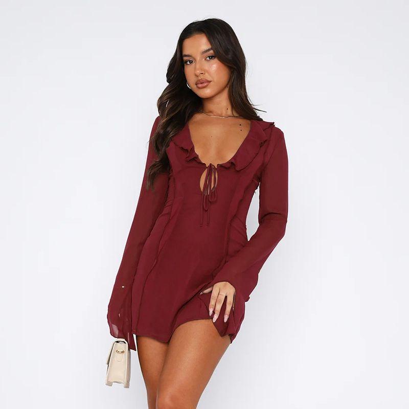 Fashion Ins Autumn New Arrival Hip Skirt Sexy Style Sexy Slim Fit Ruffled Long Sleeves Tied Dress Women