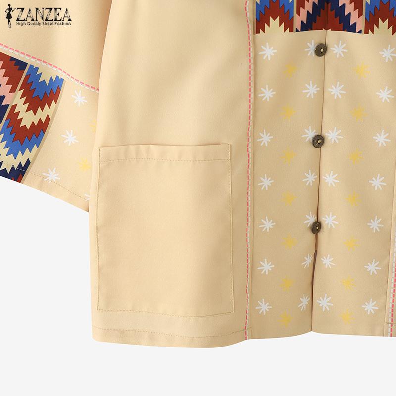 ZANZEA Women Ethnic Print Casual V-Neck 3/4 Sleeve Loose Blouse