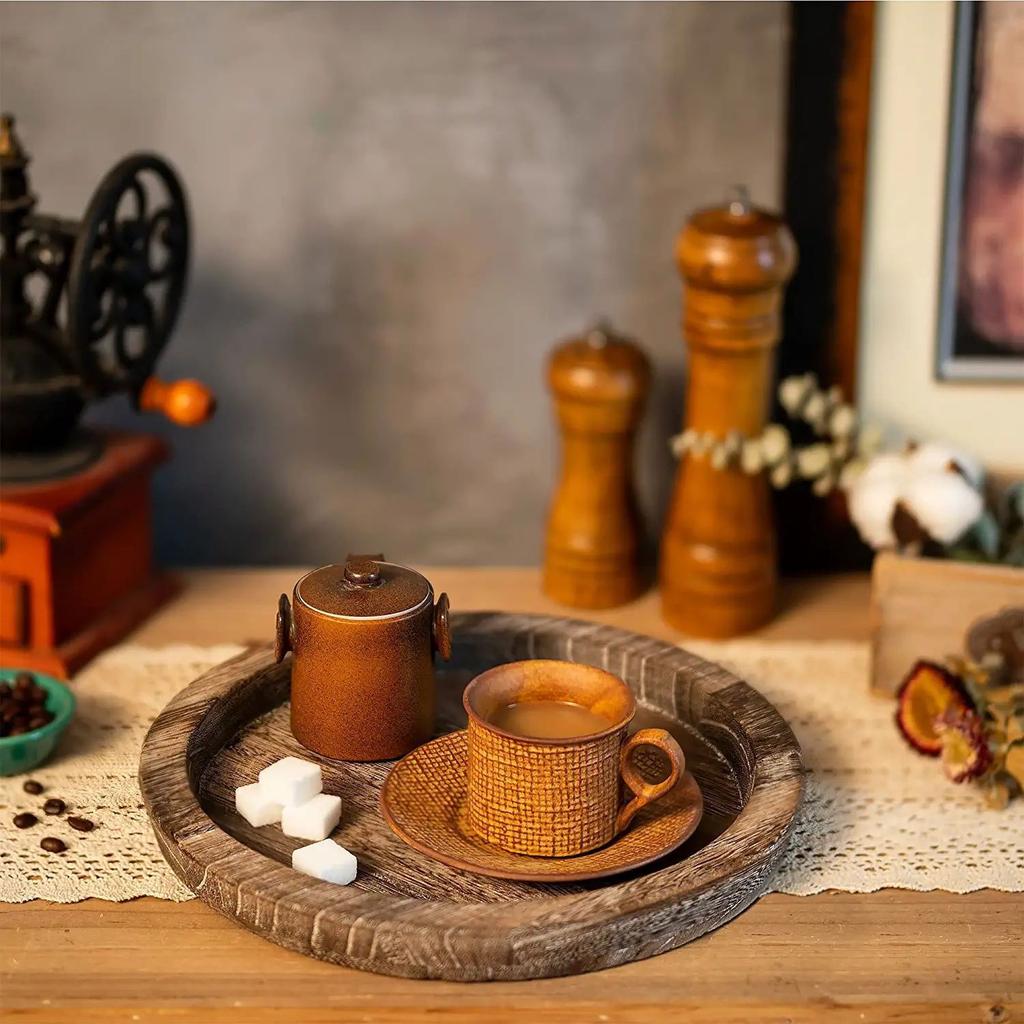 Rustic Round Wooden Serving Tray - Perfect for Kitchen Countertops, Home Decor & Coffee Table Centerpieces