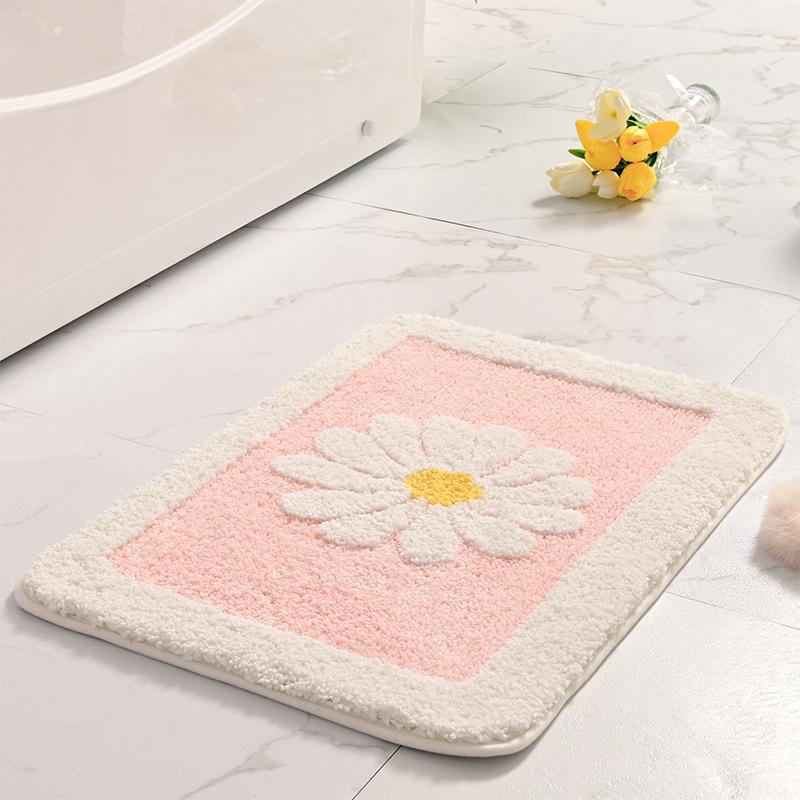 Inyahome Daisy Flower Bath Rugs Fluffy Soft Fiber Mat Non Slip Bathmat Plush Bathroom Rug for Bathroom Shower Room Floor Carpets