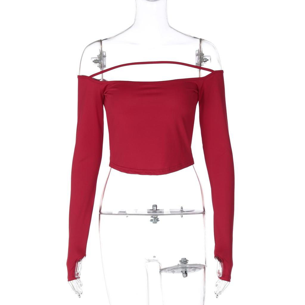 Spice Girl Sexy Slim-fit Top Spring New Solid Color Long-sleeved Off-the-shoulder One-word Collar T-shirt Wholesale
