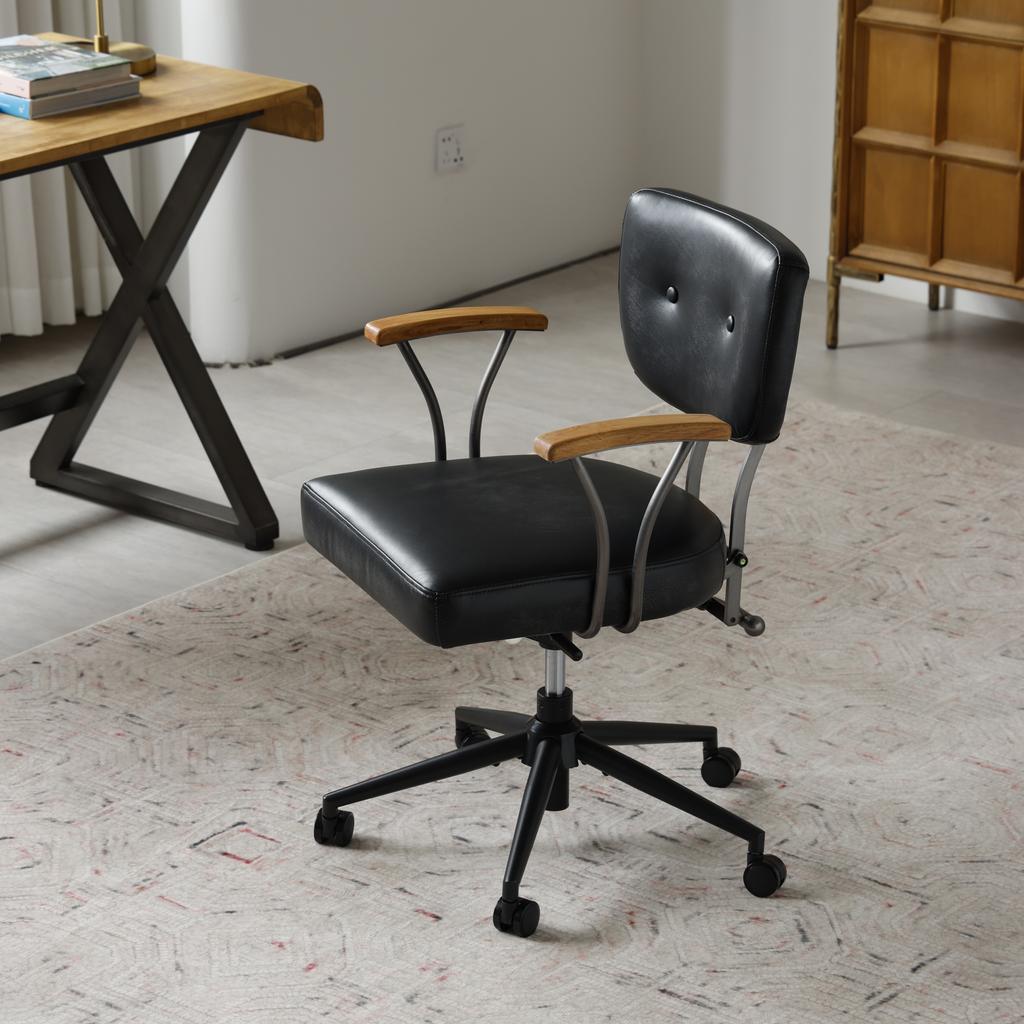 Home Office Schreibtischstuhl, Ergonomischer Ledersessel für den Computer mit Rollen und Eichenholz-Armlehnen, Höhenverstellbarer Drehstuhl für Führungskräfte