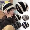 Gestreifte Mütze Wintermützen Für Damen Gestrickt Retro Verdickt Warm Locker Trendy Winddicht Ohrschutz Mütze Damen Neu