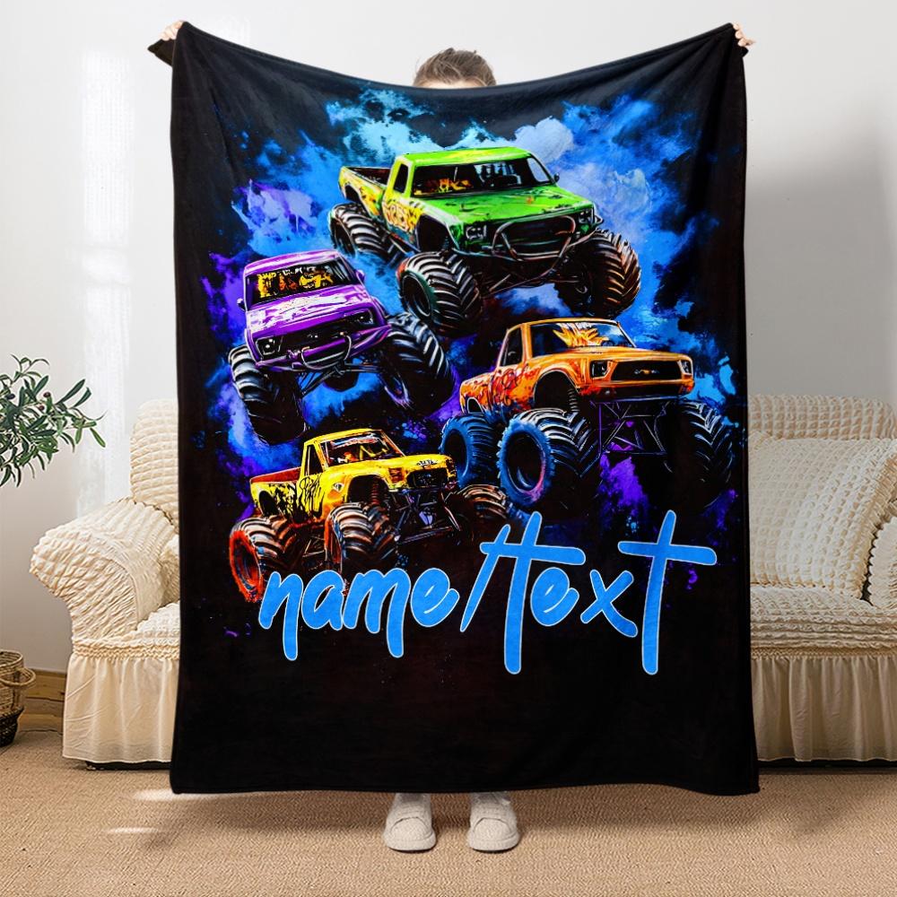 Customize A Customizable Monster Truck Fleece Blanket That Is Soft, Lightweight, And Warm, Perfect for Home Or Travel. It Featur