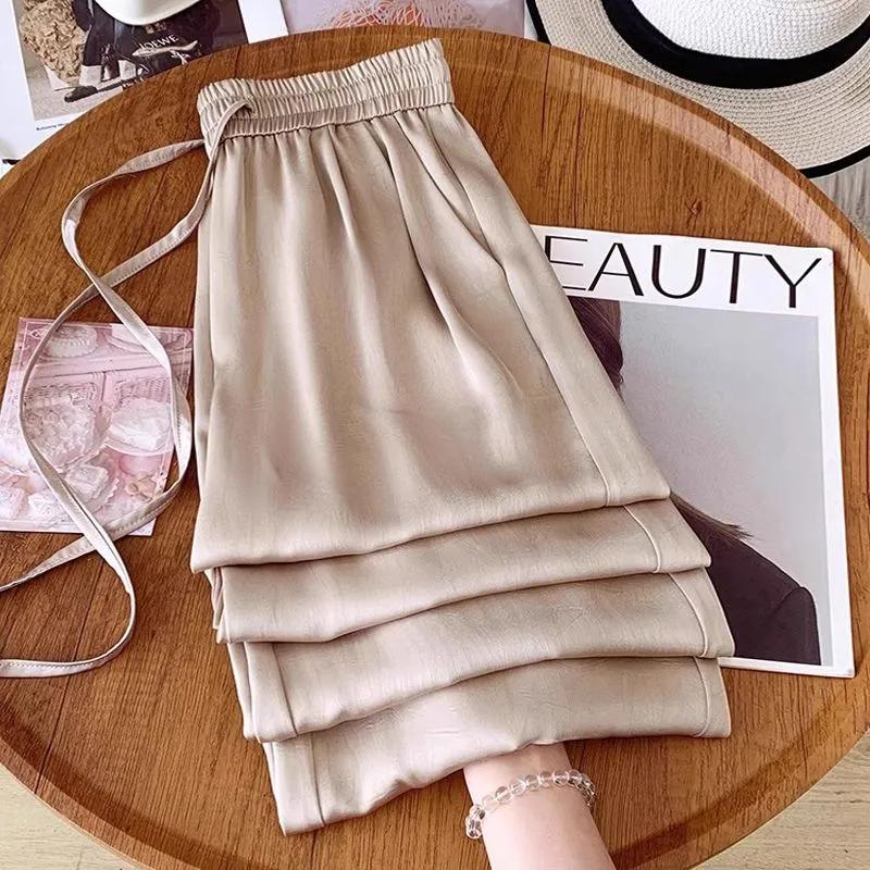 Women's Summer Black Textured Elastic Waist Drawstring Wide Leg Pants