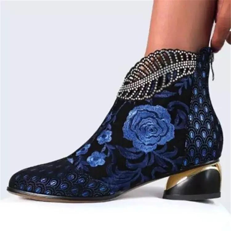 New Ankle Boots Women's Shoes Leather Boots Embroidery Ethnic Bohemia Zipper Spring Autumn Ladies Botas Botas De Mujer2025