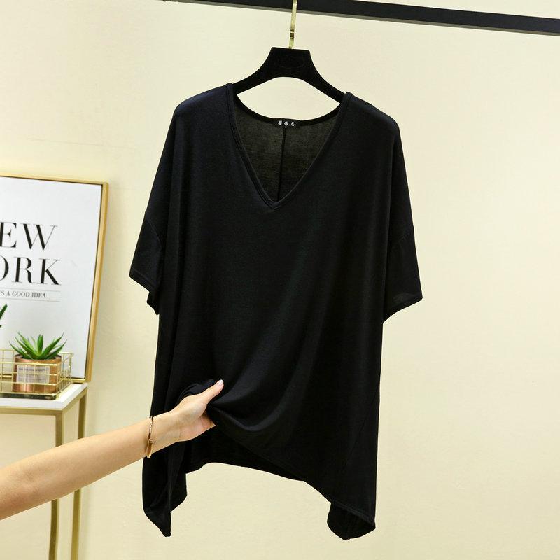 

Женская летняя свободная футболка с V-образным вырезом, тонкая, с нерегулярным рукавом три четверти, однотонная, повседневный топ с рукавом до локтя S
