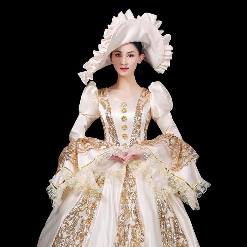 Vintage European Court Gown Women Embroidery Lace Flare Sleeve Victorian Dress with Hat for Party Cosplay