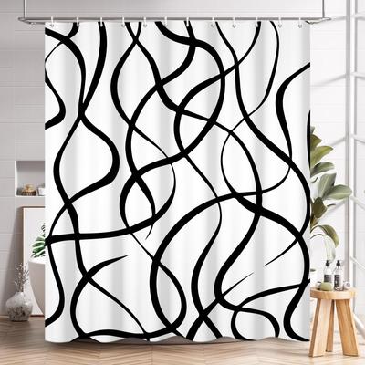 Black and White Shower Curtain, Modern Striped Wavy Line Bathroom Curtain Abstract Geometric Art Waterproof Fabric Bathtub