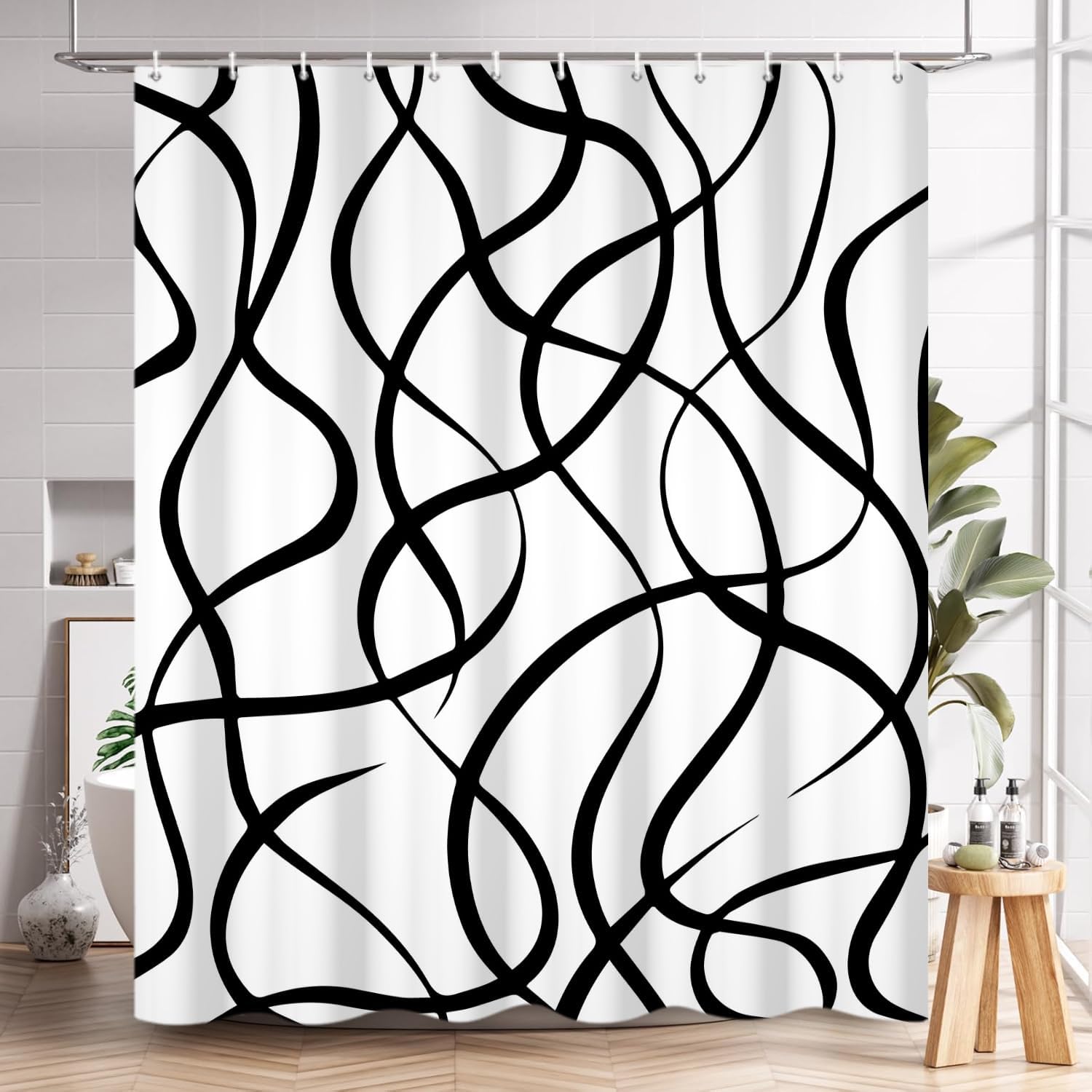Exquisite Fashion Items Black/White And Shower Curtain, Modern Striped Wavy Line Bathroom Curtain Abstract Geometric Art Waterproof Fabric Bathtub