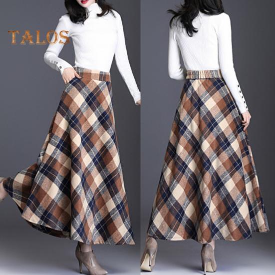 Damen Wollrock mit hoher Taille und Karomuster, A-Linien-Rock, Herbst/Winter, verdickter Rock mit großem Saum, für den Alltag