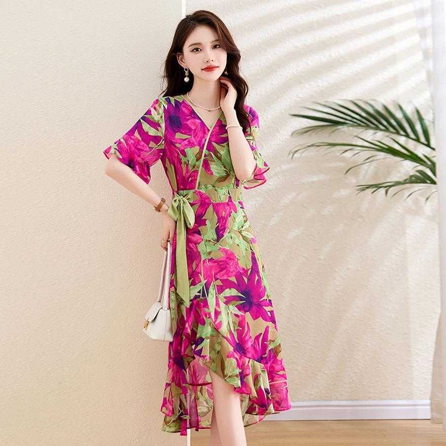 Fashion floral ruffle edge dress for women's summer small man design style vacation beach fishtail skirt
