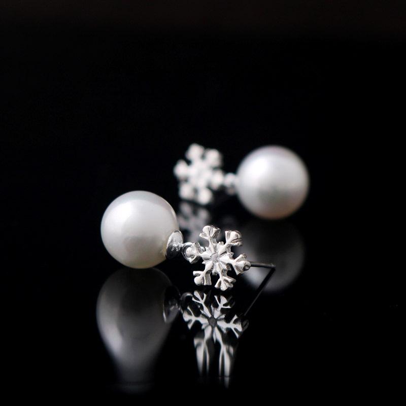 S925 Sterling Silver Snowflake Pearl and Red Bead Stud Earrings with Silver Backs - Christmas Gift Series Sterling Silver