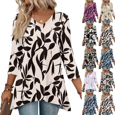 Womens Tops V-neck 3/4 Sleeve Blouses Casual Mid-length Shirts Fashion Print Tunic Tops