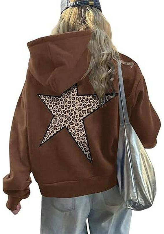 HeyHeyShine Star & Leopard Print Y2K Pullover Hoodie