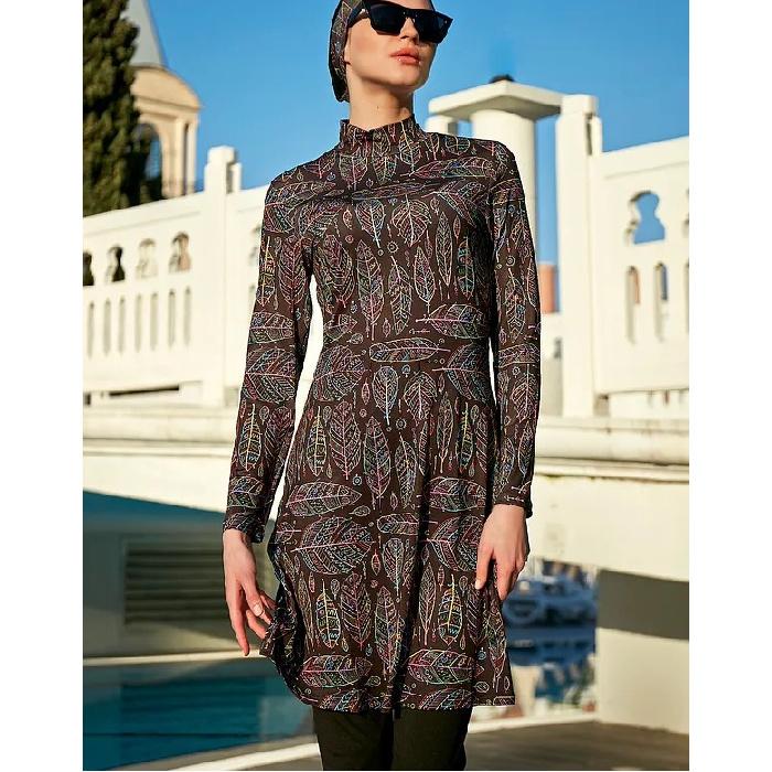 

Элегантный и простой мусульманский женский купальник из двух частей с цветочным принтом для отдыха на море, комплект купальника с полной защитой, пляжная одежда, комплект купальника буркини (без платка) 5XL бежевый