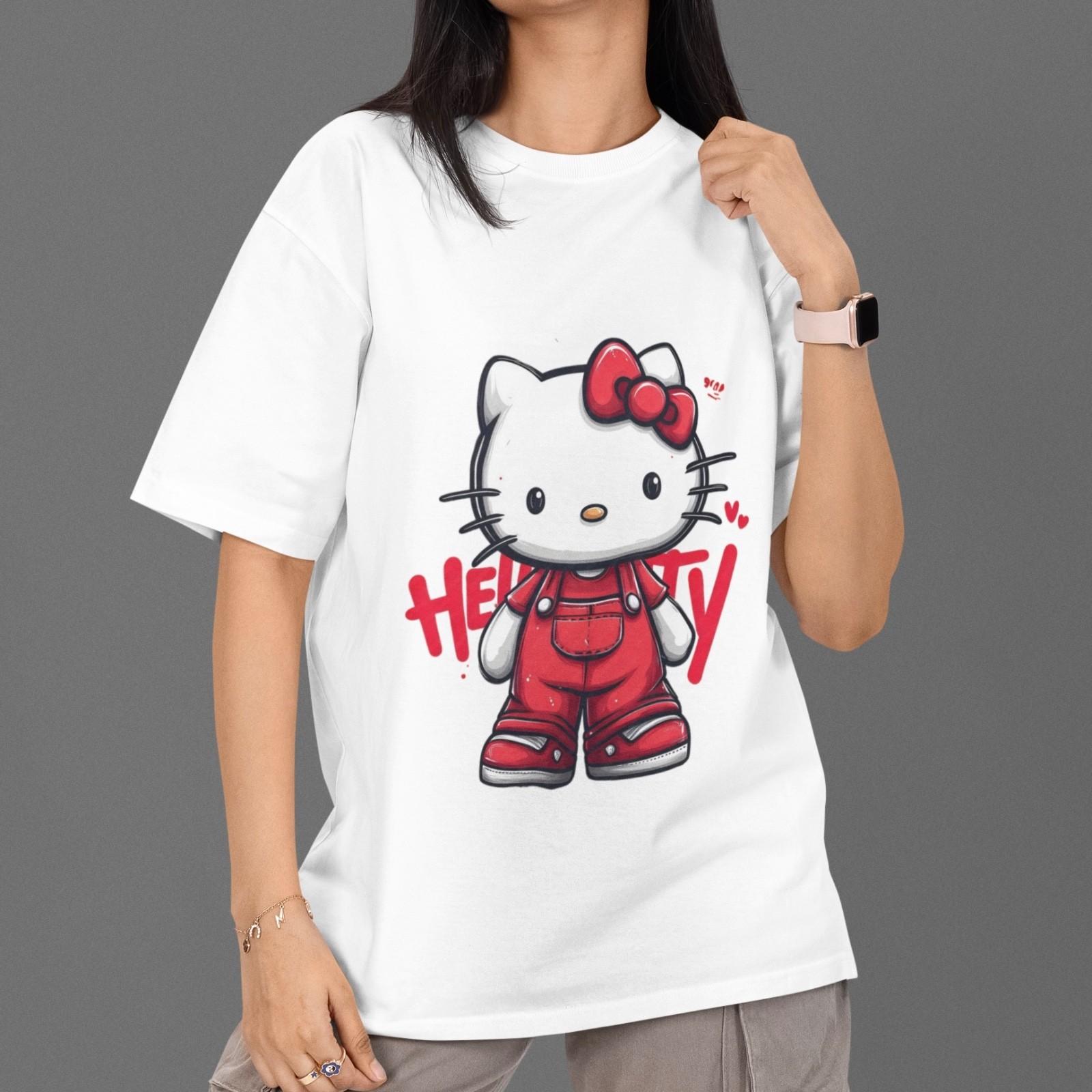 Hello Kitty T Shirt Sanrio Cute Cartoon Red Overalls Retro Graphic Tee Unisex XXXXL