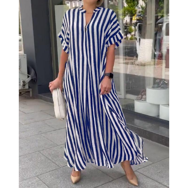 Summer New Women's Striped Printed Slit Long Dress