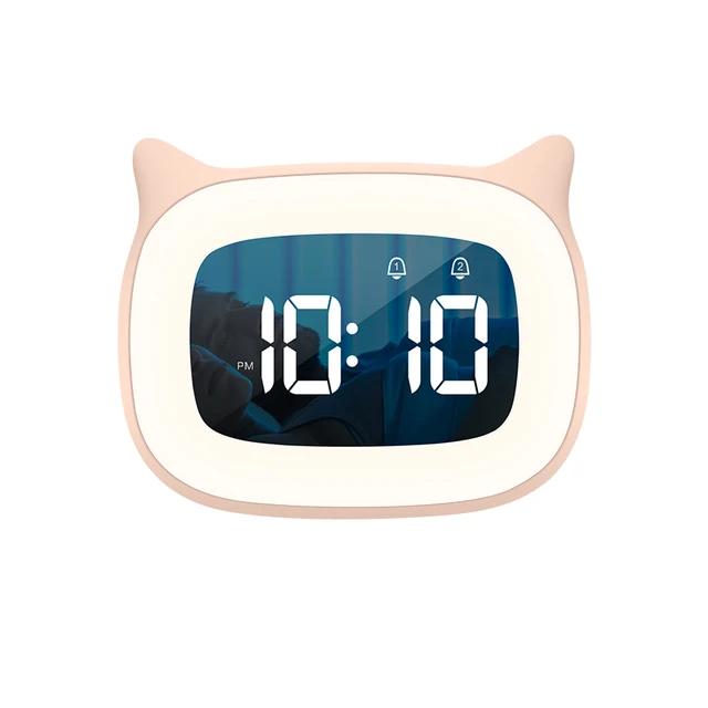 

Digital LED Music Wake Up Alarm Clock Ambient Night Light Cute Home Clocks 18 Ringtones Cat Model USB Decoration Snooze Desktop рожевий