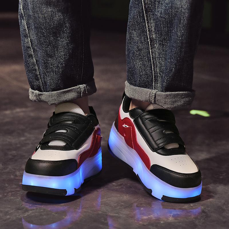 Kid's Roller Skates Removable Flat Charging LED Four Wheels Glowing Sports Shoes Pink Women's Glowing Sneakers