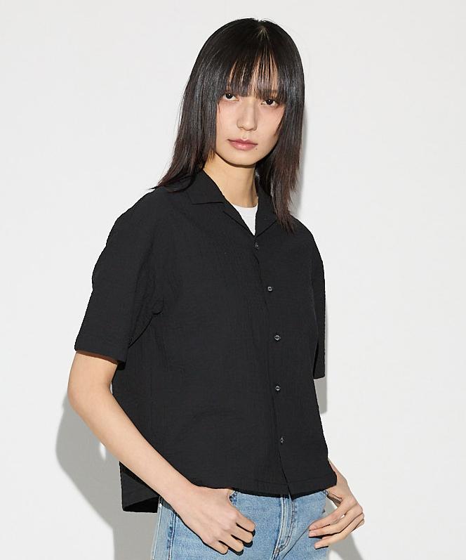 Burkeru Cotton Open Collar Short Sleeve Shirt Black Black_S