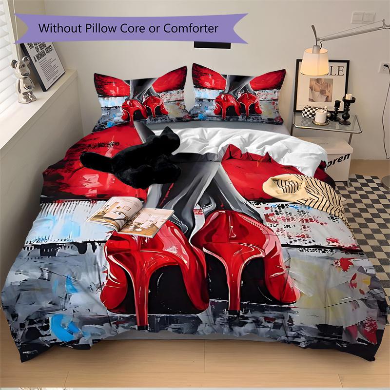3pcs Red High Heels Painting with Red Background - Home Decor, Festival Gift, Polyester Fabric, Anime Cartoon Design, Suitable for Bedroom and Guest R 135x200cm