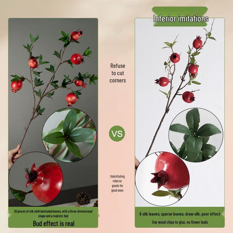High-End Artificial Pomegranate Flower & Fruit Tree Branch Arrangement for Living Room or Dining Table Decor.