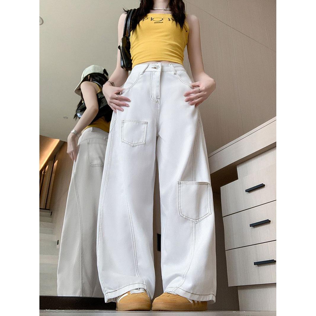 American High Street Curved Leg White Wide-Leg Jeans: Spring/Summer Slimming High-Waist Floor-Length Pants Medium