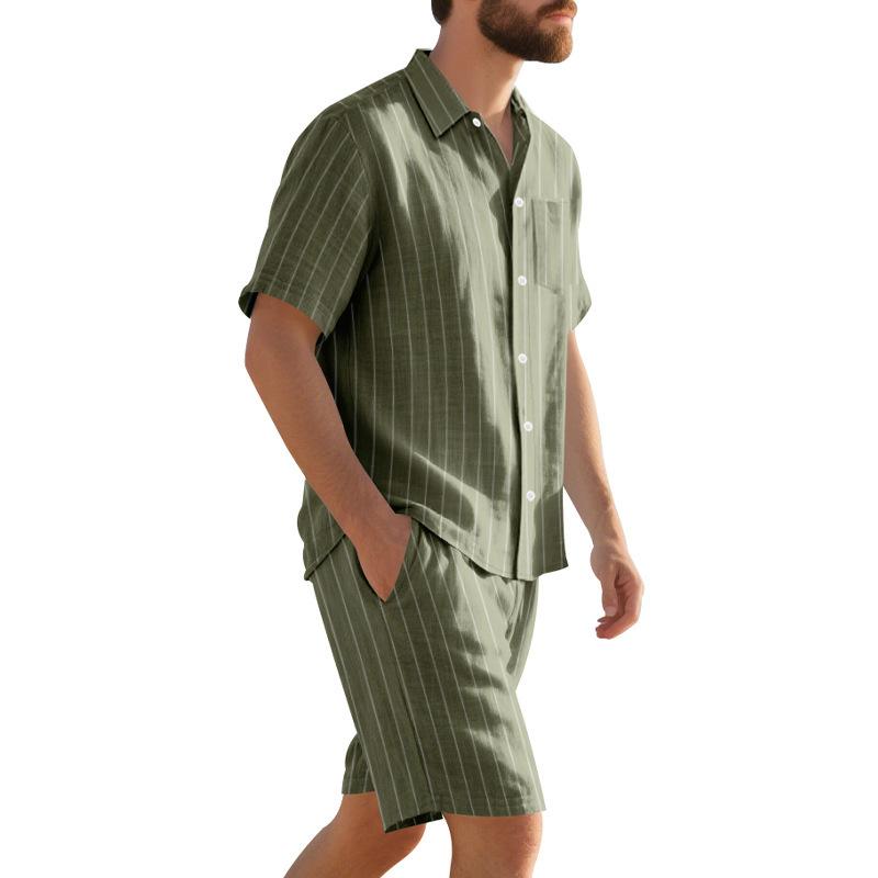 Summer Linen Suit Men's Striped Jacquard Loose Short Sleeve Shirt Beach Shorts Two-piece Set