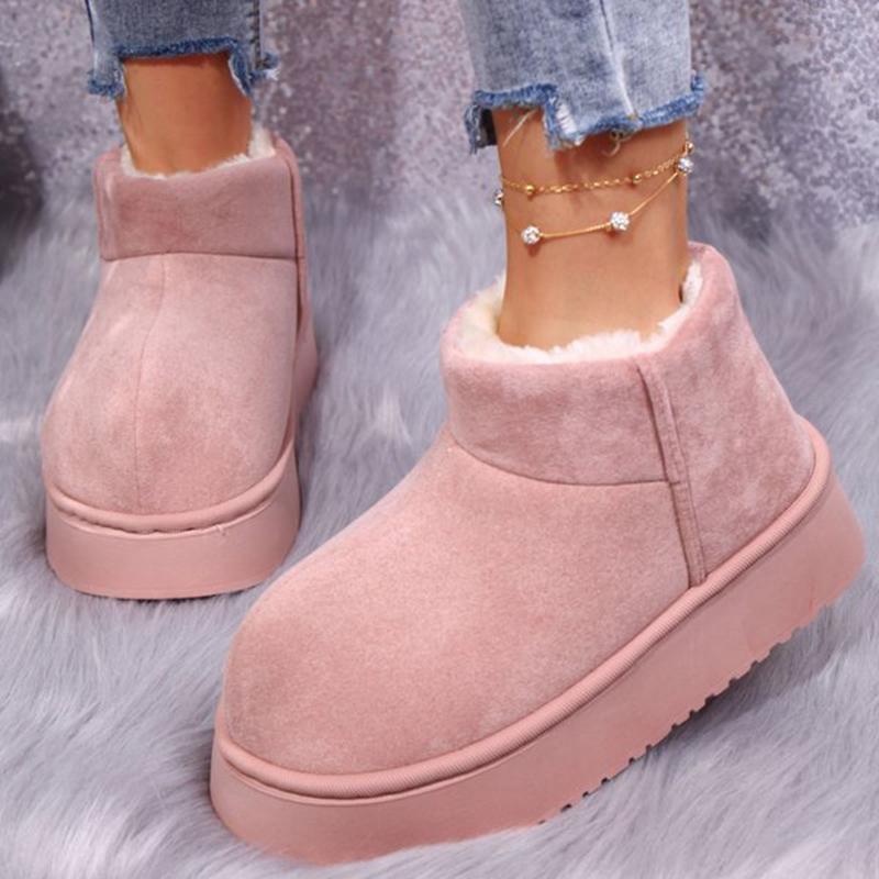 Fashion Sweet Pink Faux Suede Snow Boots Women Winter Warm Short Plush Ankle Boots Woman Korean Non Slip Platform Booties Female